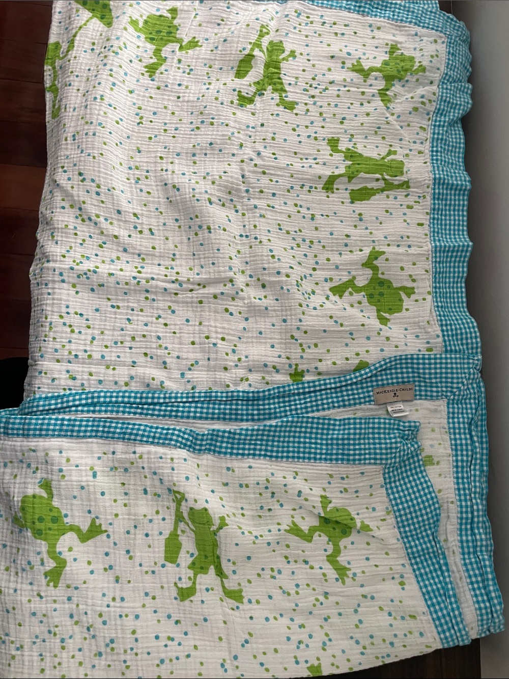 MacKenzie-Childs Teal and White Gingham baby blanket with Green Dot Accents